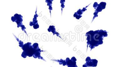 大量孤立的蓝色墨水注入。蓝色大量流动的孤立的蓝色墨水注入。水中的色滴